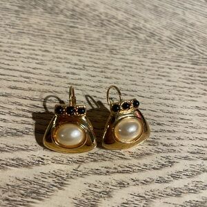 Gold-Tone Pearl Drop Earrings with Black Stone Accents - Women Jewelry